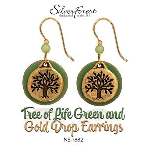 Silver Forest Tree of Life Green and Gold Drop Earrings STYLE #NE-1882